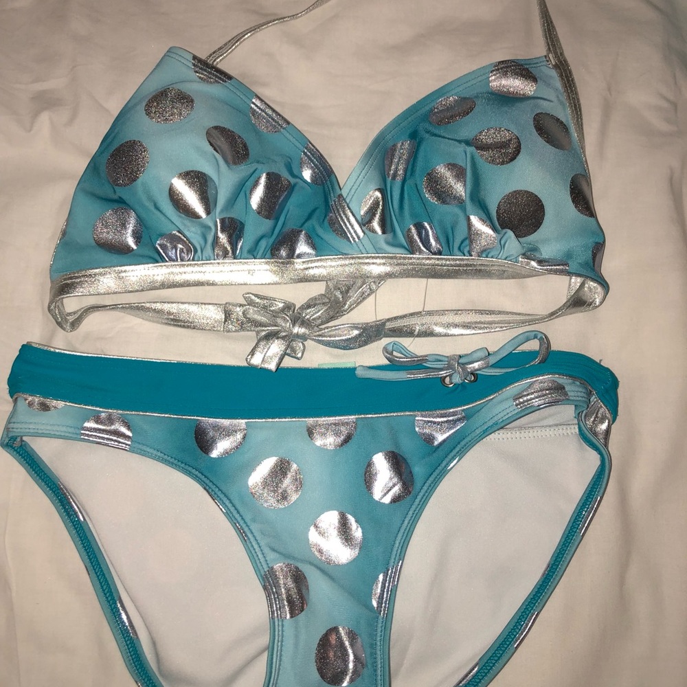 SUPER CUTE! Power Blue/Silver Polkadot Swimsuit S